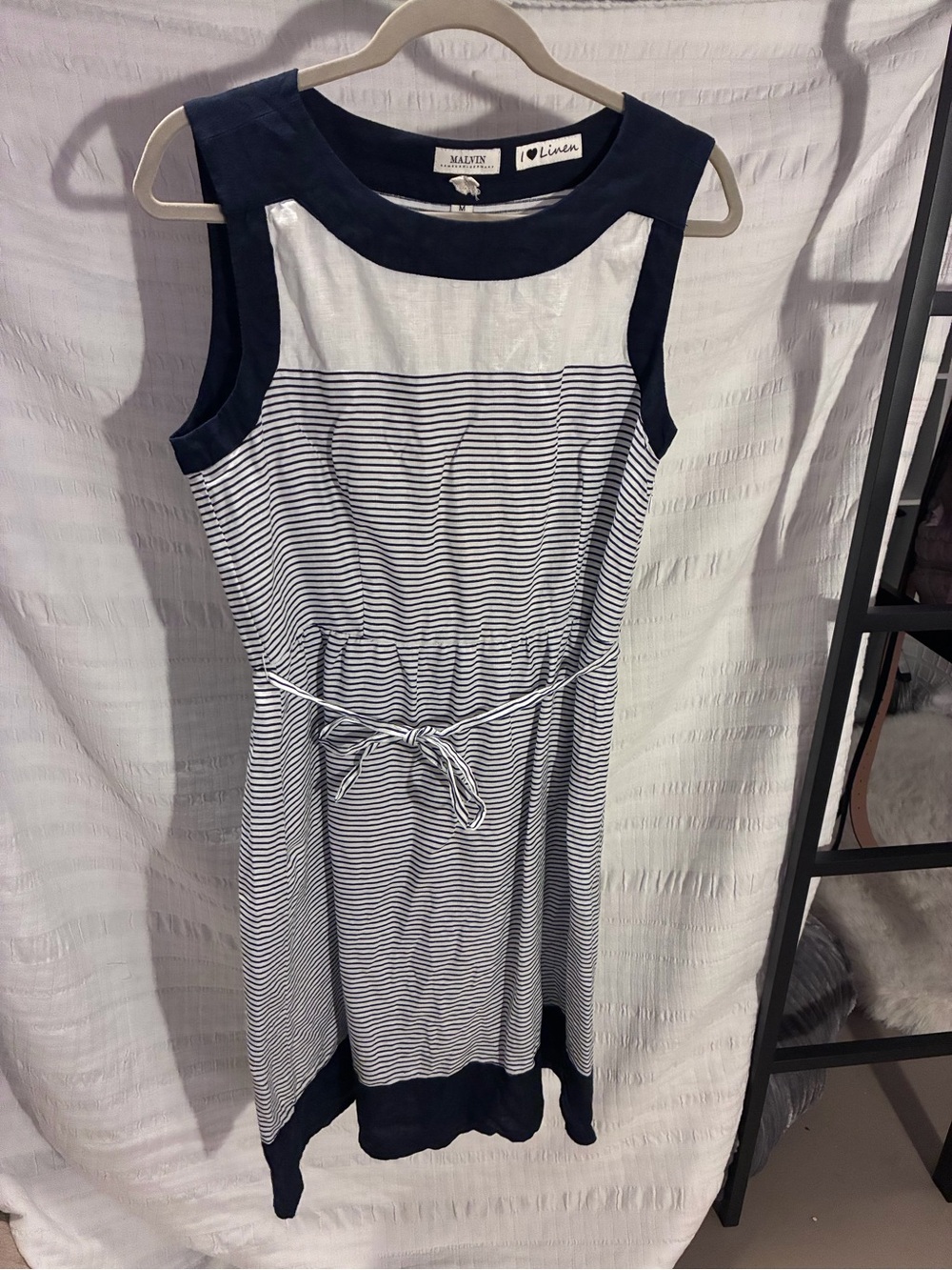 Malvin Linen Navy & White Striped Casual Sleeveless Dress